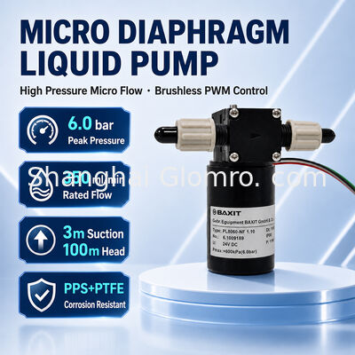 BAXIT PL8060-NF1.10 Pompa Diafragma Tanpa Sikat 12V/24V PWM Kontrol Kecepatan PTFE Resisten asam/alkali Pompa Tekanan Tinggi 6 Bar